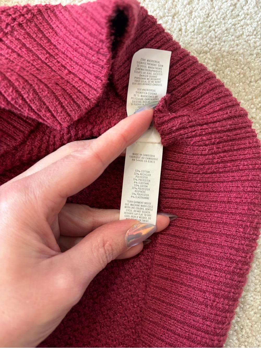 aerie CozyUp Waffle Button Sweater Burgundy Size Large - Picture 6 of 8